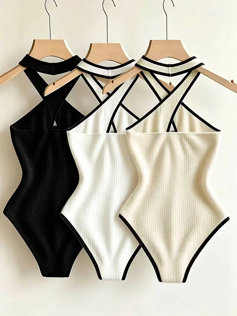 Marca(AC)Aura Curve-Conjunto de  Body com Decote Cruzado, Recortes, Malha Canelada, Roupa de Noite para Mulher