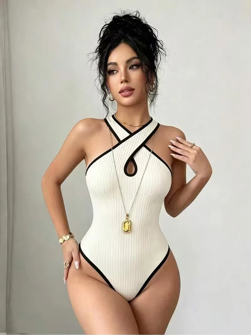 Marca(AC)Aura Curve-Conjunto de  Body com Decote Cruzado, Recortes, Malha Canelada, Roupa de Noite para Mulher