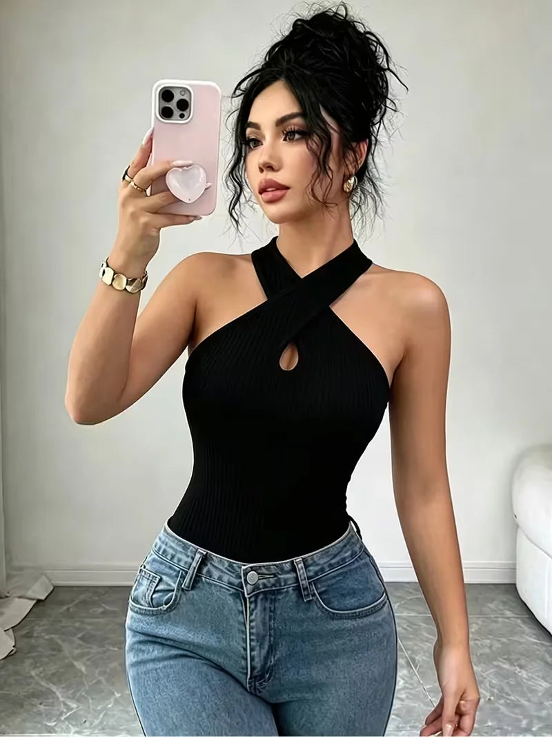 Marca(AC)Aura Curve-Conjunto de  Body com Decote Cruzado, Recortes, Malha Canelada, Roupa de Noite para Mulher